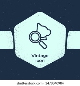 Grunge line Veterinary clinic symbol icon isolated on blue background. Magnifying glass with cat veterinary care. Pet First Aid sign. Monochrome vintage drawing. Vector Illustration