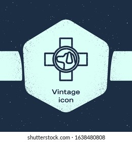 Grunge line Veterinary clinic symbol icon isolated on blue background. Cross with dog veterinary care. Pet First Aid sign. Monochrome vintage drawing. Vector Illustration