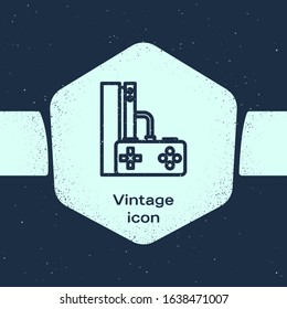 Grunge line Video game console with joystick icon isolated on blue background. Monochrome vintage drawing. Vector Illustration