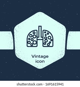 Grunge line Virus cells in lung icon isolated on blue background. Infected lungs. Coronavirus, COVID-19. 2019-nCoV. Monochrome vintage drawing. Vector Illustration