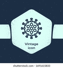 Grunge line Virus icon isolated on blue background. Corona virus 2019-nCoV. Bacteria and germs, cell cancer, microbe, fungi. Monochrome vintage drawing. Vector Illustration