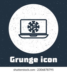 Grunge line Virus statistics on laptop icon isolated on grey background. Corona virus 2019-nCoV. Bacteria and germs, cell cancer, microbe, fungi. Monochrome vintage drawing. Vector