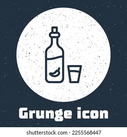 Grunge line Vodka with pepper and glass icon isolated on grey background. Ukrainian national alcohol. Monochrome vintage drawing. Vector