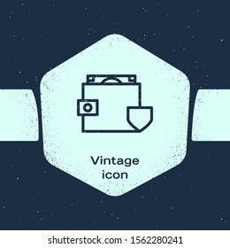 Grunge line Wallet and money with shield icon isolated on blue background. Insurance concept. Security, safety, protection, protect concept. Monochrome vintage drawing. Vector Illustration