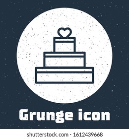 Grunge line Wedding cake with heart icon isolated on grey background. Valentines day symbol. Monochrome vintage drawing. Vector Illustration