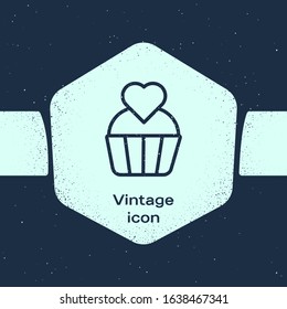 Grunge line Wedding cake with heart icon isolated on blue background. Valentines day symbol. Monochrome vintage drawing. Vector Illustration