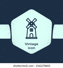 Grunge line Windmill icon isolated on blue background. Monochrome vintage drawing. Vector Illustration