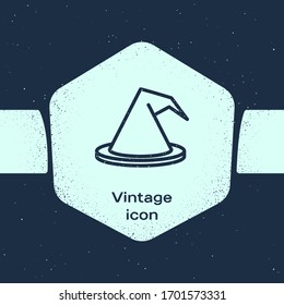 Grunge line Witch hat icon isolated on blue background. Happy Halloween party. Monochrome vintage drawing. Vector Illustration