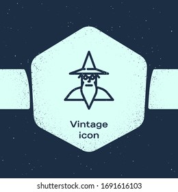 Grunge line Wizard warlock icon isolated on blue background. Monochrome vintage drawing. Vector Illustration