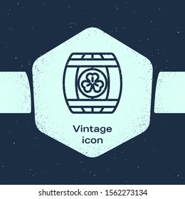 Grunge line Wooden barrel with four leaf clover icon isolated on blue background. Alcohol barrel, wooden keg for beer, whiskey, wine. Monochrome vintage drawing. Vector Illustration
