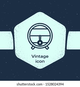 Grunge line Wooden barrel on rack with stopcock icon isolated on blue background. Monochrome vintage drawing. Vector Illustration