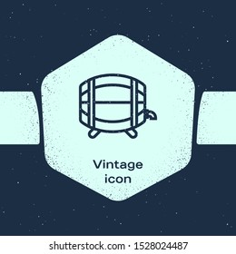 Grunge line Wooden barrel on rack with stopcock icon isolated on blue background. Monochrome vintage drawing. Vector Illustration