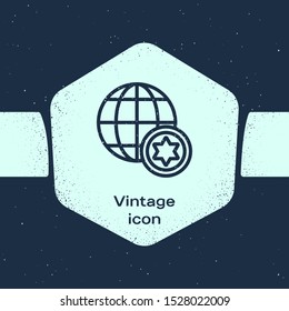 Grunge line World Globe and Israel icon isolated on blue background. Monochrome vintage drawing. Vector Illustration