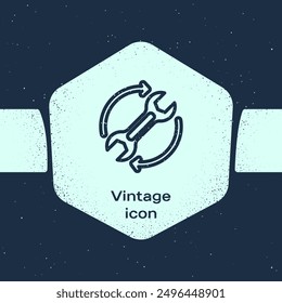 Grunge line Wrench spanner and arrows as workflow icon isolated on blue background. Adjusting, service, setting, maintenance, repair, fixing. Monochrome vintage drawing. Vector