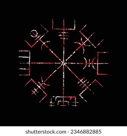 Symbole des brosses sanglantes linéaires grunge isolé sur fond noir. Ancien panneau nordique scandinave pour des motifs viking tatouages et dessins