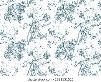 grunge linen texturedSummer pattern with flowers sunflower. Hand draws field plants with ink turquoise outline sunflower on white background. Design for print, packaging, wallpaper, textile.