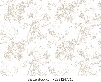 Grunge Leinen strukturiert Sommermuster mit Blumen Sonnenblume. Hand zeichnet Feldpflanzen mit rosafarbener Umrissblume auf weißem Hintergrund. Design für Druck, Verpackung, Tapete, Textilien.