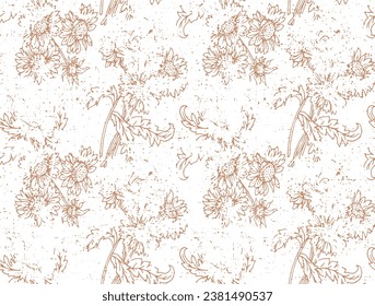 grunge linen texturedSummer pattern with flowers sunflower. Hand draws field plants with ink brown outline sunflower on white background. Design for print, packaging, wallpaper, textile.