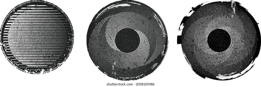 Grunar líneas en forma circular . Ilustración de vectores espirales .Logotipo redondo texturado . Elemento de diseño. Resumen Formas circulares geométricas.Línea radial de grunge giratoria. Círculos concéntricos