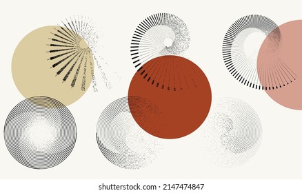 Grunge lines in Circle Form . Spiral Vector Illustration .Textured round Logo . Design element . Abstract Geometric circular shapes .Rotating grunge radial line. Concentric circles