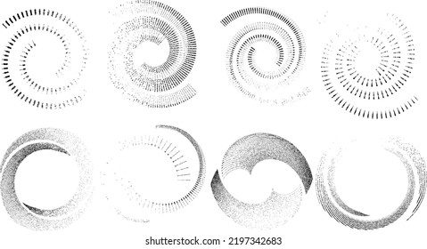 Grunar líneas en forma circular . Ilustración de vectores espirales .Logotipo redondo texturado . Elemento de diseño. Resumen Formas circulares geométricas.Línea radial de grunge giratoria. Círculos concéntricos