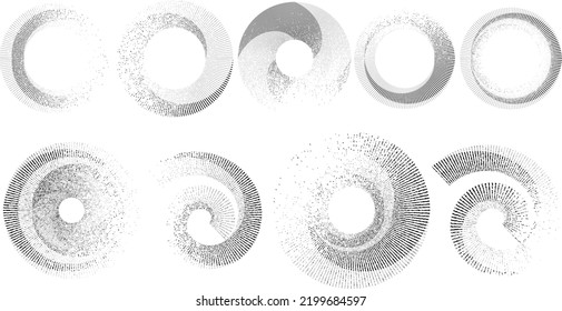 Grunar líneas en forma circular . Ilustración de vectores espirales .Logotipo redondo texturado . Elemento de diseño. Resumen Formas circulares geométricas.Línea radial de grunge giratoria. Círculos concéntricos