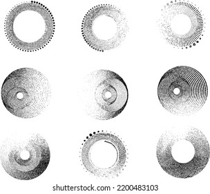 Grunar líneas en forma circular . Ilustración de vectores espirales .Logotipo redondo texturado . Elemento de diseño. Resumen Formas circulares geométricas.Línea radial de grunge giratoria. Círculos concéntricos