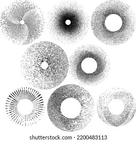 Grunar líneas en forma circular . Ilustración de vectores espirales .Logotipo redondo texturado . Elemento de diseño. Resumen Formas circulares geométricas.Línea radial de grunge giratoria. Círculos concéntricos