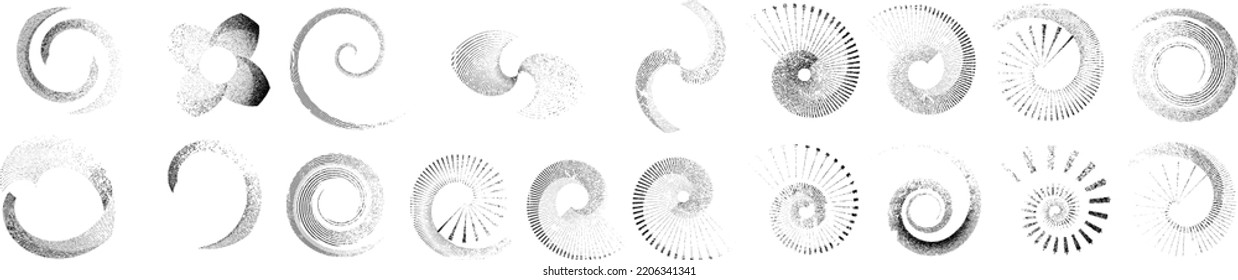 Grunge lines in Circle Form . Spiral Vector Illustration .Textured round Logo . Design element . Abstract Geometric circular shapes .Rotating grunge radial line. Concentric circles