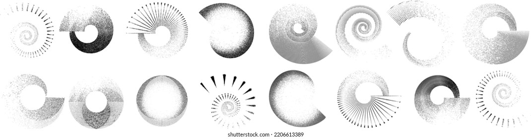 Grunar líneas en forma circular . Ilustración de vectores espirales .Logotipo redondo texturado . Elemento de diseño. Resumen Formas circulares geométricas.Línea radial de grunge giratoria. Círculos concéntricos