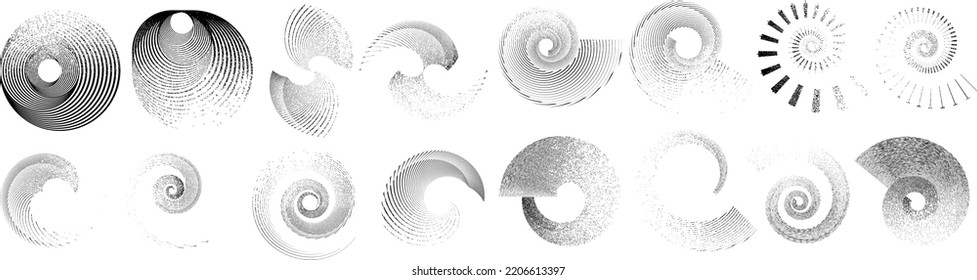 Grunge lines in Circle Form . Spiral Vector Illustration .Textured round Logo . Design element . Abstract Geometric circular shapes .Rotating grunge radial line. Concentric circles