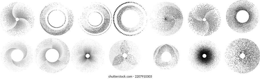 Grunge lines in Circle Form . Spiral Vector Illustration .Textured round Logo . Design element . Abstract Geometric circular shapes .Rotating grunge radial line. Concentric circles