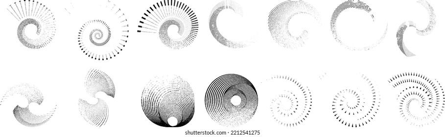 Grunar líneas en forma circular . Ilustración de vectores espirales .Logotipo redondo texturado . Elemento de diseño. Resumen Formas circulares geométricas.Línea radial de grunge giratoria. Círculos concéntricos