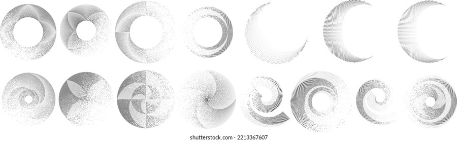 Grunge lines in Circle Form . Spiral Vector Illustration .Textured round Logo . Design element . Abstract Geometric circular shapes .Rotating grunge radial line. Concentric circles