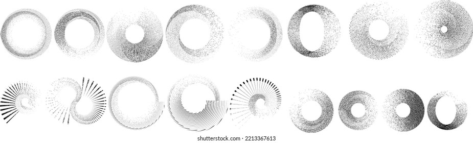 Grunge lines in Circle Form . Spiral Vector Illustration .Textured round Logo . Design element . Abstract Geometric circular shapes .Rotating grunge radial line. Concentric circles