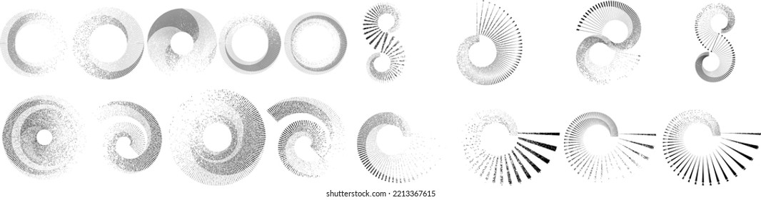 Grunge lines in Circle Form . Spiral Vector Illustration .Textured round Logo . Design element . Abstract Geometric circular shapes .Rotating grunge radial line. Concentric circles