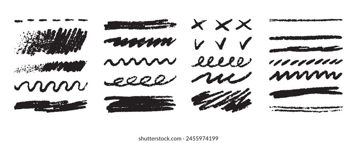 Grunge-Linien, handgezeichnet Grobe Striche. Textur Kohle oder Bleistiftzeichnung. Kritzelsatz für Buntstifte. . Vektorillustration