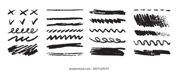 Grunge lines, hand drawn Rough strokes. Texture charcoal or pencil drawing. Crayon scribbles set. . Vector illustration