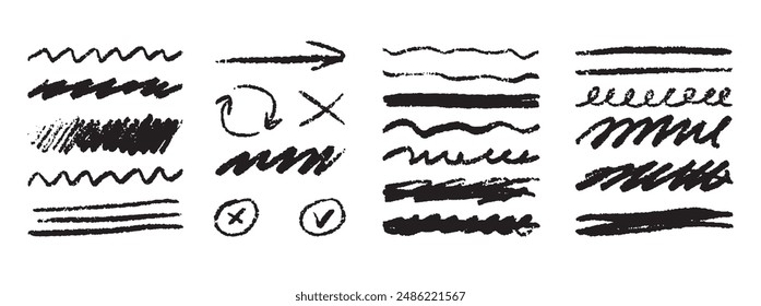 Grunge lines, hand drawn Rough strokes. Texture charcoal or pencil drawing. Crayon scribbles set. . Vector illustration