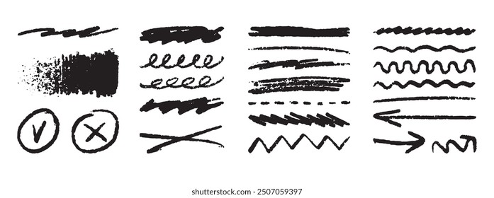 Líneas de Grunge, dibujadas a mano Trazos rugosos. Textura de carbón o dibujo a lápiz. Conjunto de garabatos de crayón. . Ilustración vectorial