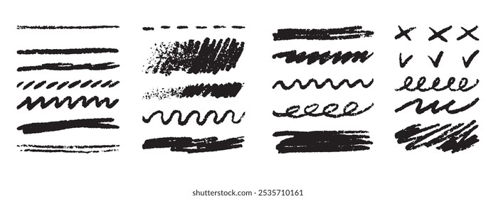 Grunge lines, hand drawn Rough strokes. Texture charcoal or pencil drawing. Crayon scribbles set. . Vector illustration