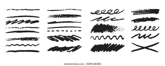 Grunge lines, hand drawn Rough strokes. Texture charcoal or pencil drawing. Crayon scribbles set. . Vector illustration