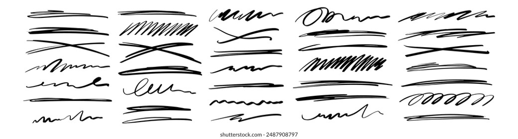 Grunge lines, scrawls, crayon scribbles, rough brush charcoal pen strokes, underlines strikethroughs. Bold doodle freehand shapes. Underline typography scribbles, crosses, curves. Vector illustration