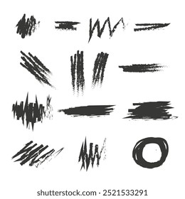 Grunge lines, scrawls, crayon scribbles, rough brush charcoal pen strokes, underlines strikethroughs. Bold doodle freehand shapes. Underline typography doodle, circles, curves. Vector illustration