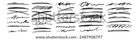 Grunge lines, scrawls, crayon scribbles, rough brush charcoal pen strokes, underlines strikethroughs. Bold doodle freehand shapes. Underline typography scribbles, crosses, curves. Vector illustration