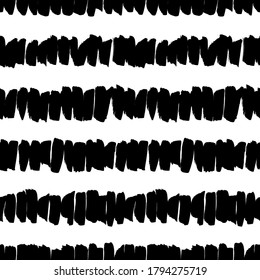 Grunge lines vector seamless pattern. Horizontal lines with vertical brush strokes, straight stripes or dashes. Black ink striped hand drawn background. Geometric ornament with brushstrokes.