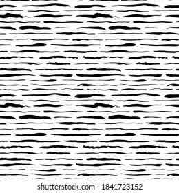 Grunge lines vector seamless pattern. Horizontal dashes, dotted lines, brush strokes or straight stripes. Black ink striped hand drawn background. Geometric ornament for wrapping paper. 