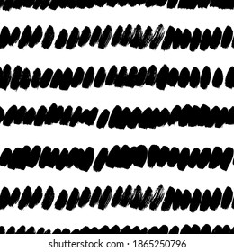 Grunge lines vector seamless pattern. Horizontal brush strokes, straight stripes or lines with dashes. Black ink striped hand drawn background. Geometric ornament for wrapping paper. Dry brushstrokes.