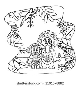 grunge lion animal with eyeglass and his son in the landscape