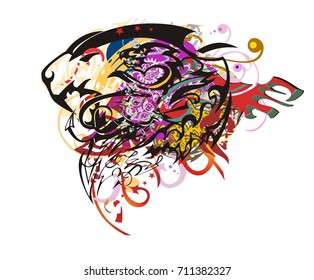 Grunge lion head colorful splashes. Aggressive roaring lion head with dragon head inside against the background with red arrows and wing, the twirled decorative elements 